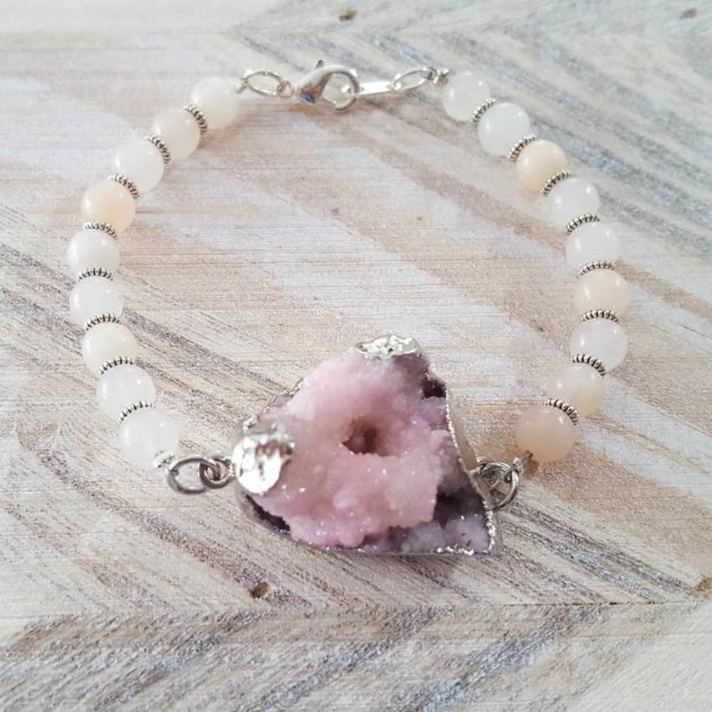 Rose Quartz Druzy silver beaded bracelet